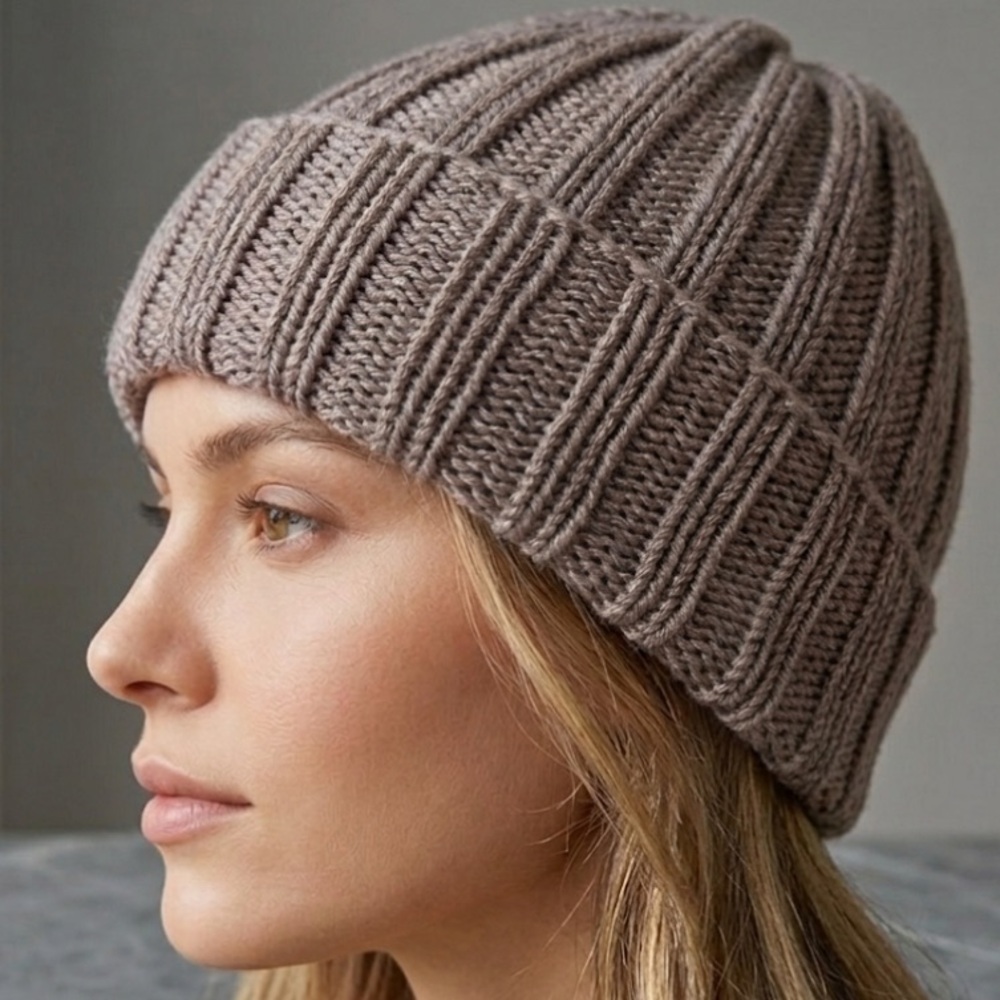 Handmade Women’s Knitted Beanie Hat Ribbed Taupe Brown Soft Winter